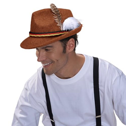 Spooktacular Creations Oktoberfest Hats, 2 PCS German Oktoberfest Costume Accessories Set, Green Brown Felt Fedora Retro Hats for Adults Bavarian Alpine Halloween Dress Up, RolePlay Party - color: Green+brown