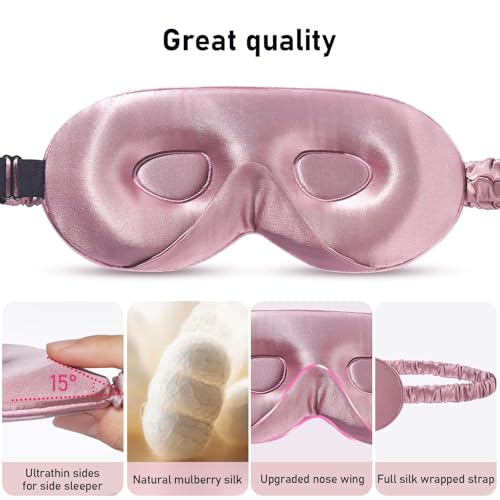 LitBear 100% 22 Momme Mulberry Silk Sleep Mask - 3D Contoured, Bean Pink | Pure Silk, Eyelash-Friendly, Soft, Breathable, Perfect Blocks Light, Tangle-Free Adjustable Strap, Travel Pouch - color: Bean Pink