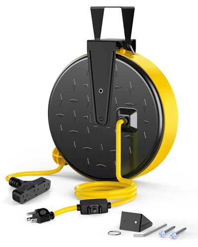 DEWENWILS Retractable Extension Cord Reel, Metal Reel with 30FT Power Cord - color: Black/Yellow-yellow Cord