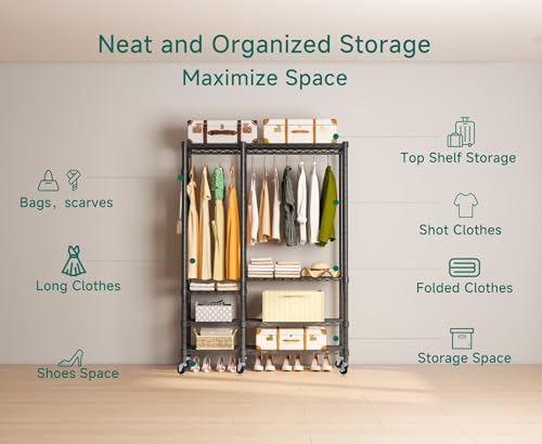 5 Tiers Wheel Portable Heavy Duty Garment Rack | Wire Adjustable Rolling Clothing Rack with Lockable Wheels & 2 Hanger Rods, Max Load 850LBS, Black - color: Black, size: A3W: 5 Tiers with 1 Rods,44.9"L x 16.5"W x 78.7"H