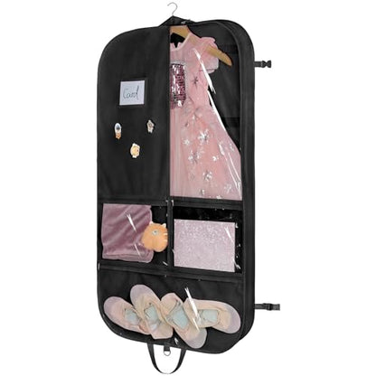 Univivi 40 Inch Dance Costume Garment Bags for Dancers, Black | Breathable Non-Woven Fabric, Clear Zip Pockets, 1 Pendant & 3 Badges, Foldable Hanging Dance Garment Bag for Travel