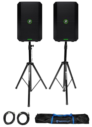 Audiosavings Bundle: (2) Mackie Thump GO 8" Portable Battery-Powered Rechargeable DJ PA Speaker+Bluetooth Bundle with Pair of Rockville Adjustable Tripod Speaker/Light Stands+20' XLR Cables (3 Items)