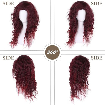 28 inch Long Burgundy Curly Wigs for Women Body Wave Ombre Red Hair Cosplay - color: Burgundy Red