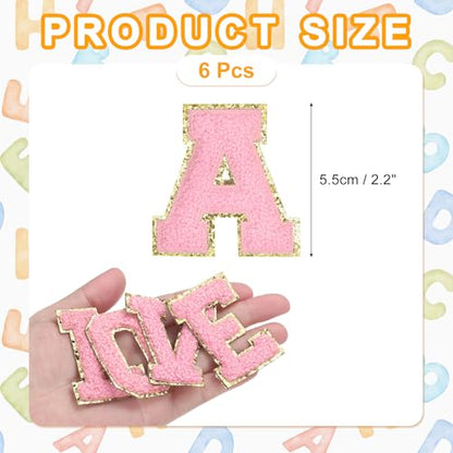 MECCANIXITY Chenille Letter Patches 2.2" Self Adhesive Letter A Stick on Embroidered Patch Sew on Letter Stickers Applique for Repairing Clothing Jeans Shoes Hats DIY(Pink, Pack of 6) - style: Letter-A