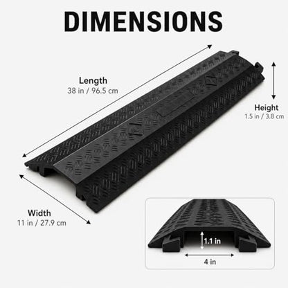 2 Pack Cable Cover L:38" xW:11" Heavy Duty 20,000LBS Black | 38"x11"x1.5" Heavy-duty holds 20,000lbs Drop-over design/Indoor Black, durable & low-profile - size: 38"x11"x1.5"