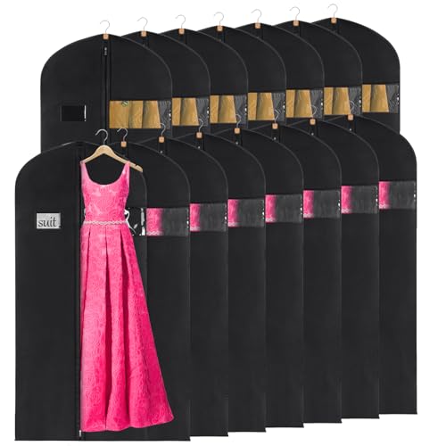 KEEGH 60 inch Dress Bags for Gowns Long (Set of 15) Black | Clear Window, Label Pocket, Garment Bags for Hanging Clothes, Dress Bags for Closet Storage, Clothes Cover for Coats Dresses - size: 60"-15pcs