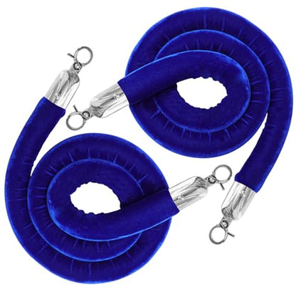 2PCS Blue Velvet Stanchion Rope 5 Ft Crowd Control Ropes Barrier with Silver Hooks for Party - color: Blue&Silver, size: 2PCS