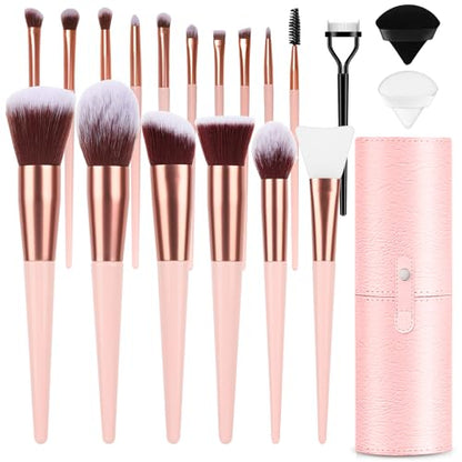 Makeup Brush Set, 17PCs Makeup Brushes with Foundation Eyebrow Blending Concealer Blush Eyeshadow Contour Lash Powder Brush, Make Up Brushes Kit with Organizer Travel Case (Medium, Pink) - color: Pink