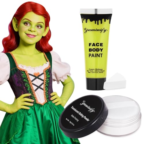 Ogre Green Face Paint with Setting Powder and sponge,1.01 Oz Water Based Green Body Paint,Halloween Face Painting Kit SFX Makeup Cosplay Monster Witch Elphaba Costume for Adults & Kids - color: Ogre green with setting powder