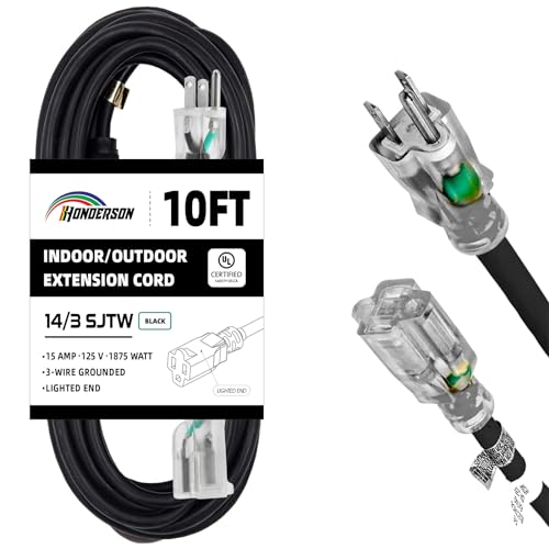 10 Ft Black Outdoor Extension Cord Lighted End Weatherproof 14 Gauge | UL Certified 14/3 SJTW Cable, 15A Rated, Great for Outdoor Projects, Tools and Seasonal Lights - size: 10FT, style: 14/3