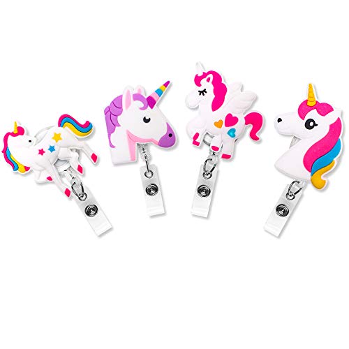 4 Pcs Set Unicorns Characters Retractable Badge Holder ID Name Badge Reel Clip On Card Holders Cute for Office Work Nurse - 30 inch Cord Extension - color: Multi Uni