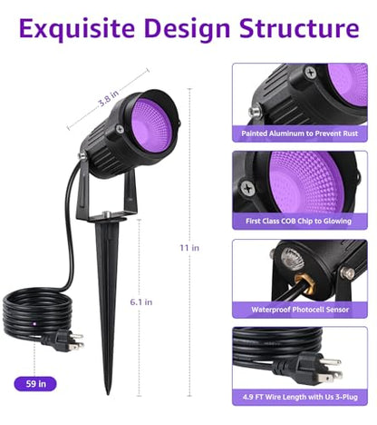 SUNVIE 1 Pack Halloween Spotlights Outdoor Black Light with Photocell Sensor 10W Blacklight Spotlight Waterproof LED Black Light Halloween Spot Lights 120V Purple Spotlight for Glow Party Fluorescent - size: Photocell Sensor-10W-1 Pack