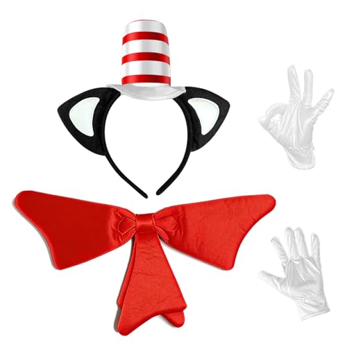 GJD Book Character Costume Accessories Set, Cat Ears Headband with Red and White Stovepipe Hat, Red Bow Tie, White Gloves for Dress Up, Halloween, Cosplay