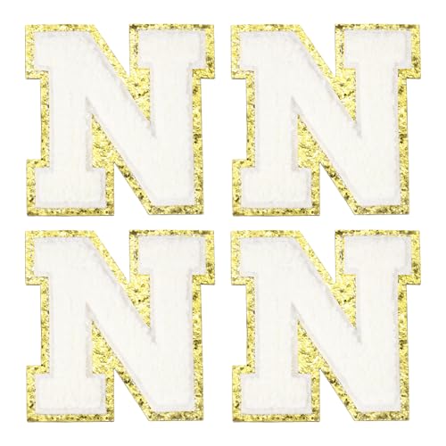 MECCANIXITY Chenille Letter Patches 3.1" Alphabet N Iron on Embroidered Patch Sew on Letter Stickers Applique for Repairing Clothing Jeans Shoes Hats DIY(White, Pack of 4) - style: Letter-N