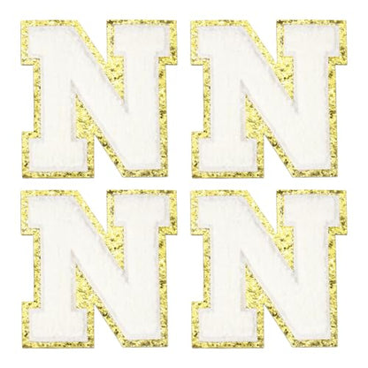 MECCANIXITY Chenille Letter Patches 3.1" Alphabet N Iron on Embroidered Patch Sew on Letter Stickers Applique for Repairing Clothing Jeans Shoes Hats DIY(White, Pack of 4) - style: Letter-N