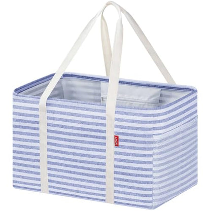 LHZK Standing Utility Tote Bag with Metal Wire Frame and the Sides Rinforced, Large Tote Bag with Handle, Reusable Grocery Bags Foldable, Beach Bag, Car Tote (Blue, 18.5''x11.8''x11.5'') - color: Blue, size: 18.5''x11.8''x11.5''-1 Pack