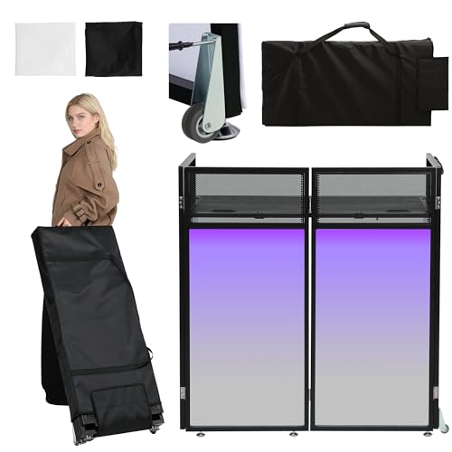 Kokorona Portable DJ Booth DJ Facade Booth Folding DJ Table with Wheels, Movable DJ Booth Facade DJ Booth Stand DJ Table, Tool-Free Assemble, Metal Frame + Black & White Scrims + Carry Bag - size: Two Wheels - 43"L x 20"W