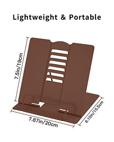 MSDADA Desk Book Stand Metal Reading Rest Book Holder Adjustable | Cookbook Documents Holder Portable Sturdy Bookstands for Recipes Textbooks Tablet Music Books with Page Clips (Brown) - color: Brown