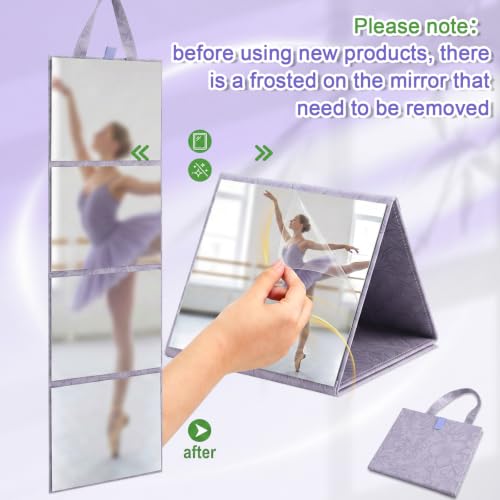 3 Way Foldable Full Length Mirror with Handle 31.89 x 11.22 Inches Leather Portable Camping Travel Hanging Folding Body Mirror for Makeup Dance Fitness Spa Hair Styling(Morandi Purple,Retro)