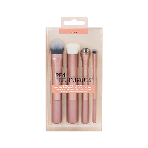 Real Techniques Prep and Prime Makeup Brush Set, Ideal for Exfoliating & Applying Primers, Moisturizers, & Serums, Skincare Tools, Synthetic Bristles, Cruelty-Free & Vegan, 4 Piece Set - color: Black;Silver, size: 4 Count (Pack of 1)