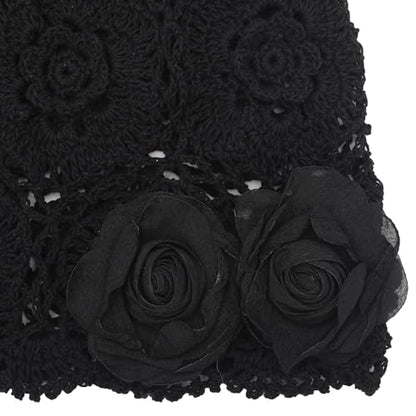 ZLYC Women Cotton Crochet Slouchy Beanie Hat Handmade Knit Summer Skull Cap | Lightweight breathable,boho casual chic look,travel photos festival party,café commute daily wear,beach concert gathering - color: Decorative Flowers Black