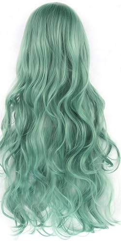 IMISSU 80cm Long Curly Natural Hair Cosplay Wig with Bangs Colorful Halloween Costume Party Wigs for Women (Light Green) - color: Light Green