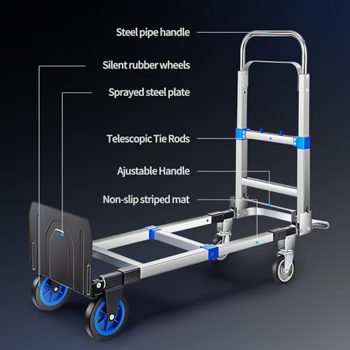 Leomru Pro 2 in 1 Aluminium Hand Truck Dolly 660lbs Capacity, Heavy Duty Convertible Hand Truck W/Pneumatic Wheels, Foldable Dolly Cart Collapsible Trolley for Moving with Retractable Handle