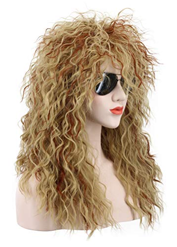 karlery Men Women Long Curly Orange Mix Blonde 70s Heavy Metal Rocker Mullet Wig 80s Costume Anime Wig | Mullet Wig 80s Costume Anime Wig
