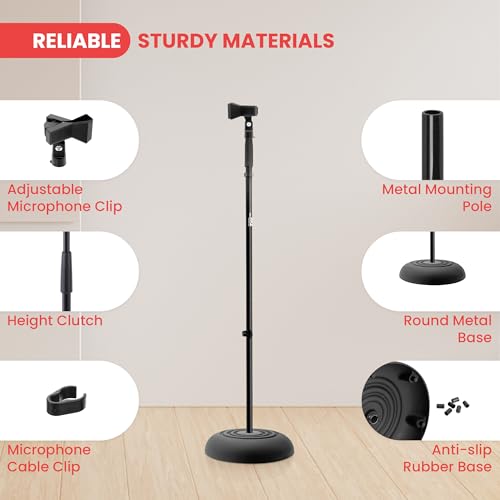 Pyle Adjustable Height Microphone Stand, 36.2" - 63.7” Inches Universal Mic Holder, Compact Design, Sturdy and Lightweight, Ideal for Studio and Concerts, With Mic Clip, Rubber Base (Black)