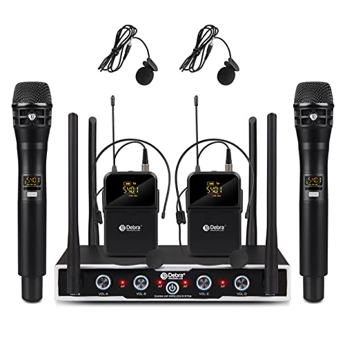 D Debra Audio Wireless Microphone System Pro DU4004 UHF 4 * 16 Adjustable Channel Wireless Handheld Lavalier Headset Mics, Ideal for Meeting Church Speech Party (2 Handheld 2 Bodypack) - color: 2 Handheld 2 Bodypack
