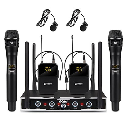 D Debra Audio Wireless Microphone System Pro DU4004 UHF 4 * 16 Adjustable Channel Wireless Handheld Lavalier Headset Mics, Ideal for Meeting Church Speech Party (2 Handheld 2 Bodypack) - color: 2 Handheld 2 Bodypack