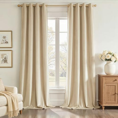 Topfinel 92 Inch Long Velvet Black Out Grommet Curtains 2 Panels,Beige Cream Thermal Insulated Sun Blocking Curtain Drapes Room Divider,Soft Luxury Window Treatments 52" X 92", Bay Window - color: Beige, size: 52"W x 92"L (Pack of 2)