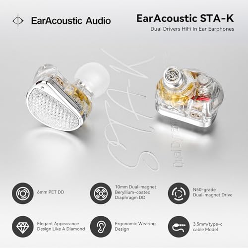 STA-K In Ear Monitor, EarAcoustic Audio HiFi Stereo Wired Earbuds, Hybrid Dual Drivers IEM Headphones, Crystal Clear Sound IEM Earphones with 2 Pin Cable for Musicians (With Microphone Usb, Silver)