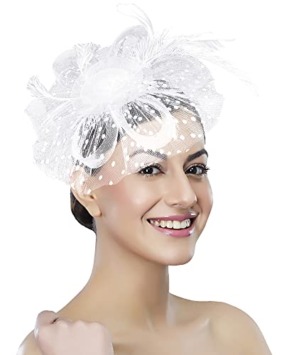 Fascinator Tea Party Hat Women 20s 50s Wedding Cocktail Flower Mesh Feathers Hair Clip for Carnival Halloween - color: A-white