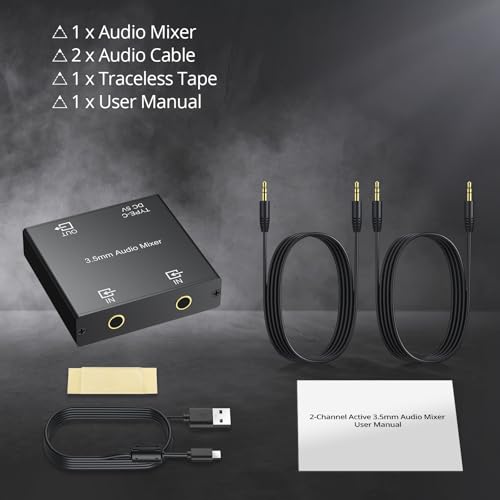 CAMWAY 3.5mm Audio Mixer 2-Channel,Clear Sound,No Echo,Dual-Device Mixing Output,Gold-Plated Connectors, Active Mixer Used with PC,Game Consoles,Phone,MP3 for Streaming,DJ,Home Recording,Desktop Audio - size: 2.2x2.2x0.6 in
