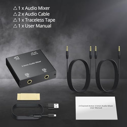 CAMWAY 3.5mm Audio Mixer 2-Channel,Clear Sound,No Echo,Dual-Device Mixing Output,Gold-Plated Connectors, Active Mixer Used with PC,Game Consoles,Phone,MP3 for Streaming,DJ,Home Recording,Desktop Audio - size: 2.2x2.2x0.6 in