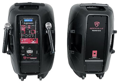 Rockville RAMSYS15 Bundle: (2) 15" Rechargeable DJ/PA Speakers, (2) Tripod Speaker Stands, (2) Wireless Microphones, 1000W Peak, Bluetooth, USB/SD, TWS, for Parties & Events, 6-Items
