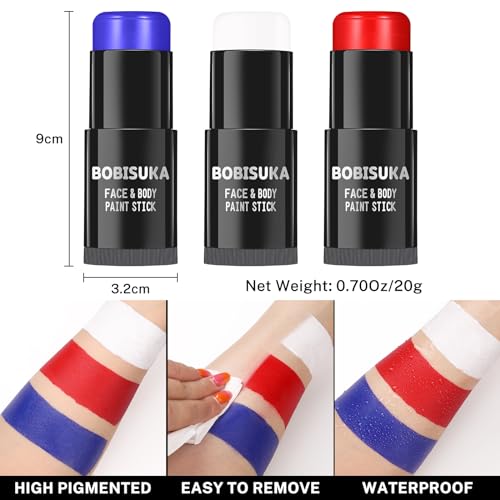 BOBISUKA Red White Blue Face Paint Stick Kit, Eye Black Sticks for Football Baseball Softball Lacrosse American-Flag, Body Paints Makeup Kit for Halloween Cosplay Special Effects Costume SFX - color: Red.Blue,White