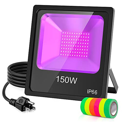 150W LED Black Light with Glow Tapes, 410nm UV Flood Lights with 10ft Cable & Plug, IP66 Waterproof, for Halloween Glow Party, Stage, Aquarium, Body Paint, Fluorescent Poster, 120V