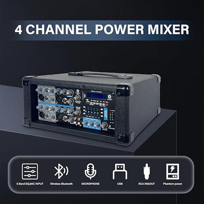 PRORECK DELTA 10 1800W Bluetooth PA Speaker System with 4-Channel Powered Mixer, 2 10-Inch Passive Speakers, Stands, Reverb Effects, and 15V Phantom Power. Perfect for DJs, Bands, Karaoke, Live Events - size: 10"+4 channel mixer
