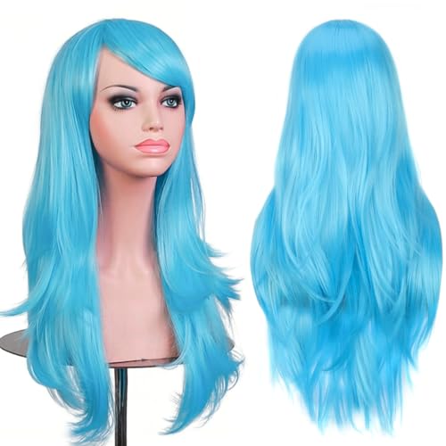 PORSMEER 70 cm/28 inches Charming Long Wavy Full Hair Wig Anime Cosplay Halloween Costume Party Heat Resistant Synthetic Wigs for Women Girls (Light Blue) - color: Light Blue