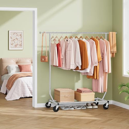 Tajsoon Clothing Rack Collapsible, Garment Clothes Rack Heavy Duty, Chrome | Foldable Garment Rack with Wheels & Extendable Rod, 250LBS Rolling Rack with Shelf for Bedroom, Laundry Room, Clothes Store - style: Single Rod Commercial