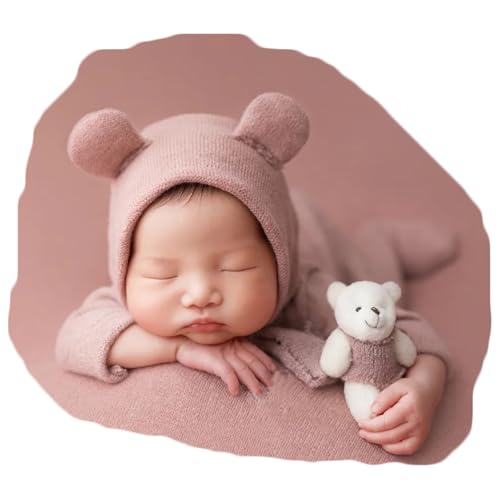 Zeroest Newborn Photography Bear Outfit Baby Photoshoot Props | New Born Boy Girl Hat Clothes Set, Infant Photo Prop Outfits - color: Dusty Pink