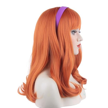 Long Curly Orange Daphne Wig Halloween Costume Party Wig for Adult (Free Purple Headband) - color: Orange