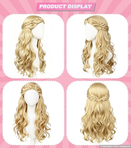 Golden Long Wavy Princess Wig, Synthetic Costume Wig with Cap | Adjustable cap included, long golden wavy hair for cosplay, Halloween, parties, festivals, and everyday dress-up - color: Golden