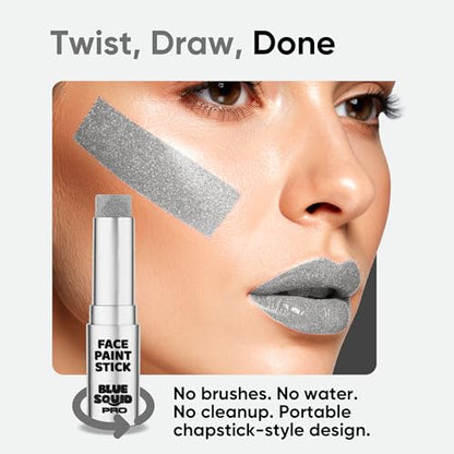 Blue Squid PRO Metallic Silver Face Paint Stick - Waterproof Silver Body Paint Adults & Kids Eye Black Baseball, Eyeblack Softball -Hypoallergenic Twist-Up Non-Toxic Makeup Stick Cosplay, Sports & SFX - color: Metallic Silver