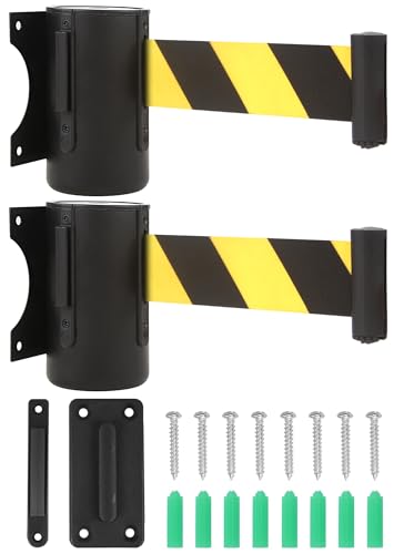 Wall Mount Retractable Barrier Belt, 16 Ft Crowd Control Retractable Belt with Steel Case Black and Yellow Belt, 2 Pack - style: Strip color-2 PCS