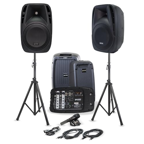 Gemini Dual 10" Powered PA System & Stands, 600W (ES-210MXBLU-ST) | Dual 10" PA with tripod stands - 6-channel powered mixer, 4 mic in - Bluetooth, USB - mic included - size: With Stands