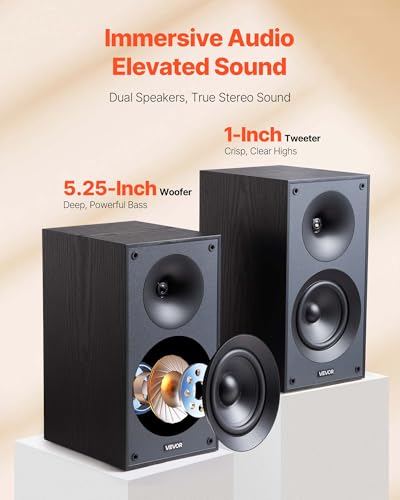VEVOR Passive Bookshelf Speaker, 300W, Book Shelf Stereo Speakers with 5.25-Inch Woofer and 1-Inch Tweeter, Detachable Grille, 65Hz-20KHz Frequency Response, Wooden Enclosure,for Home Theater (1 Pair) - size: 5.25 Inch, style: Passive Bookshelf Speakers