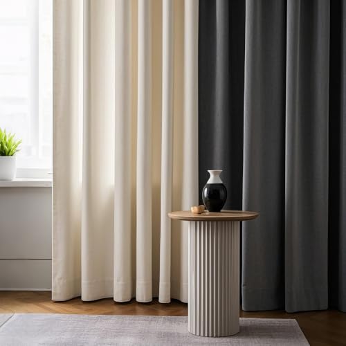 SMILETIME Ivory White and Dark Grey 52in X 84in Velvet Curtains with Grommet, Thermal Insulated Super Soft Privacy Noise Reducing Velvet Curtains for Living Room, 4 Panels